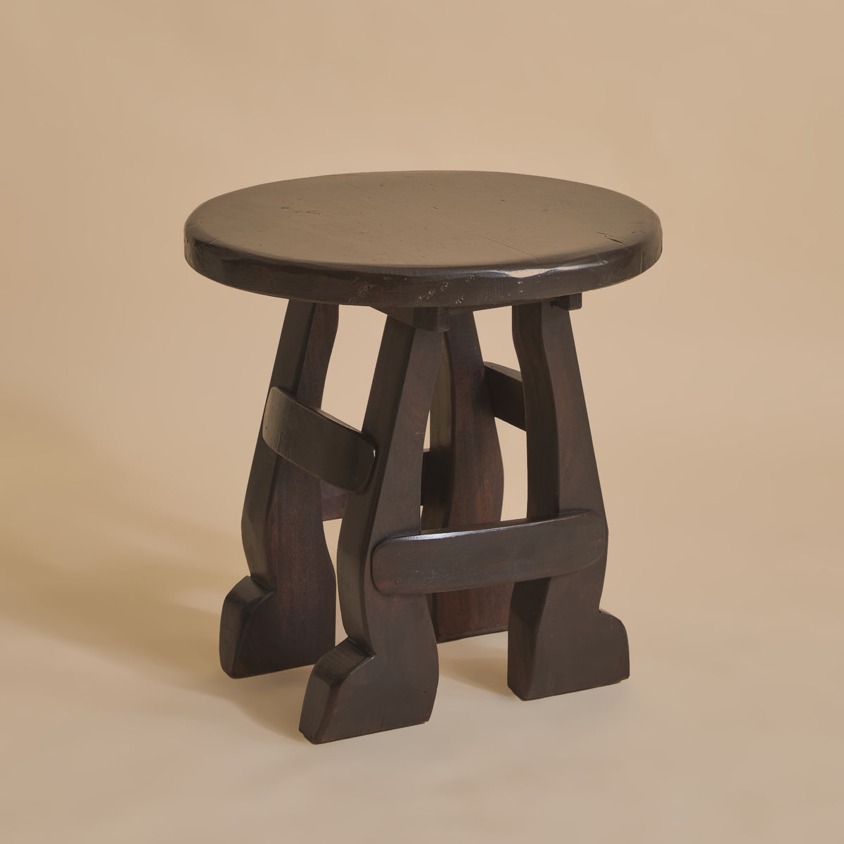 French Brutalist Ebonized Wood Side Table, 1960s