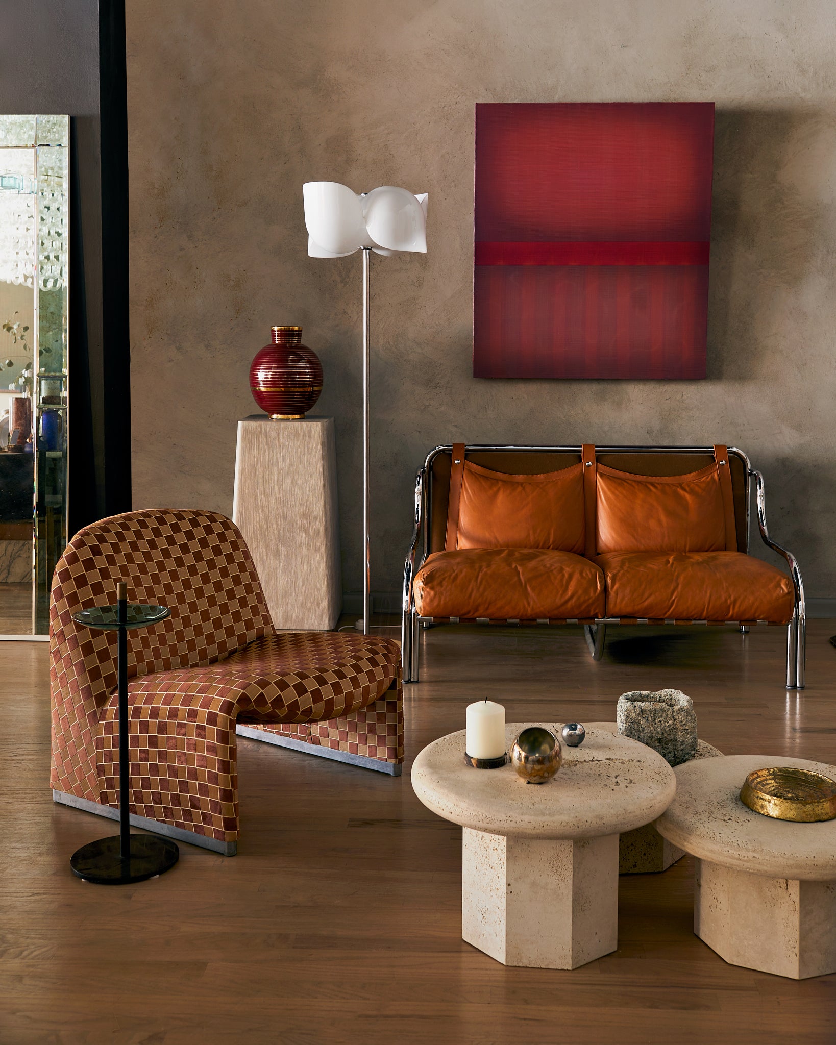 Italian 'Stringa' Cognac Leather + Chrome Loveseat by Gae Aulenti for