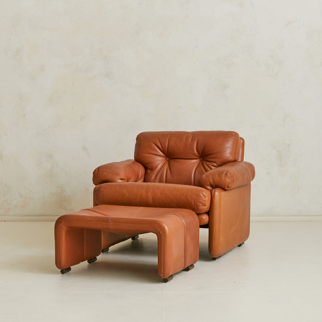 Italian 'Coronado' Leather Lounge Chair + Ottoman by Afra & Tobia Scar