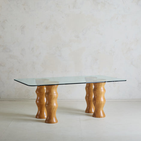 Italian Sculptural Wood Base Dining Table with Glass Top, 1970s
