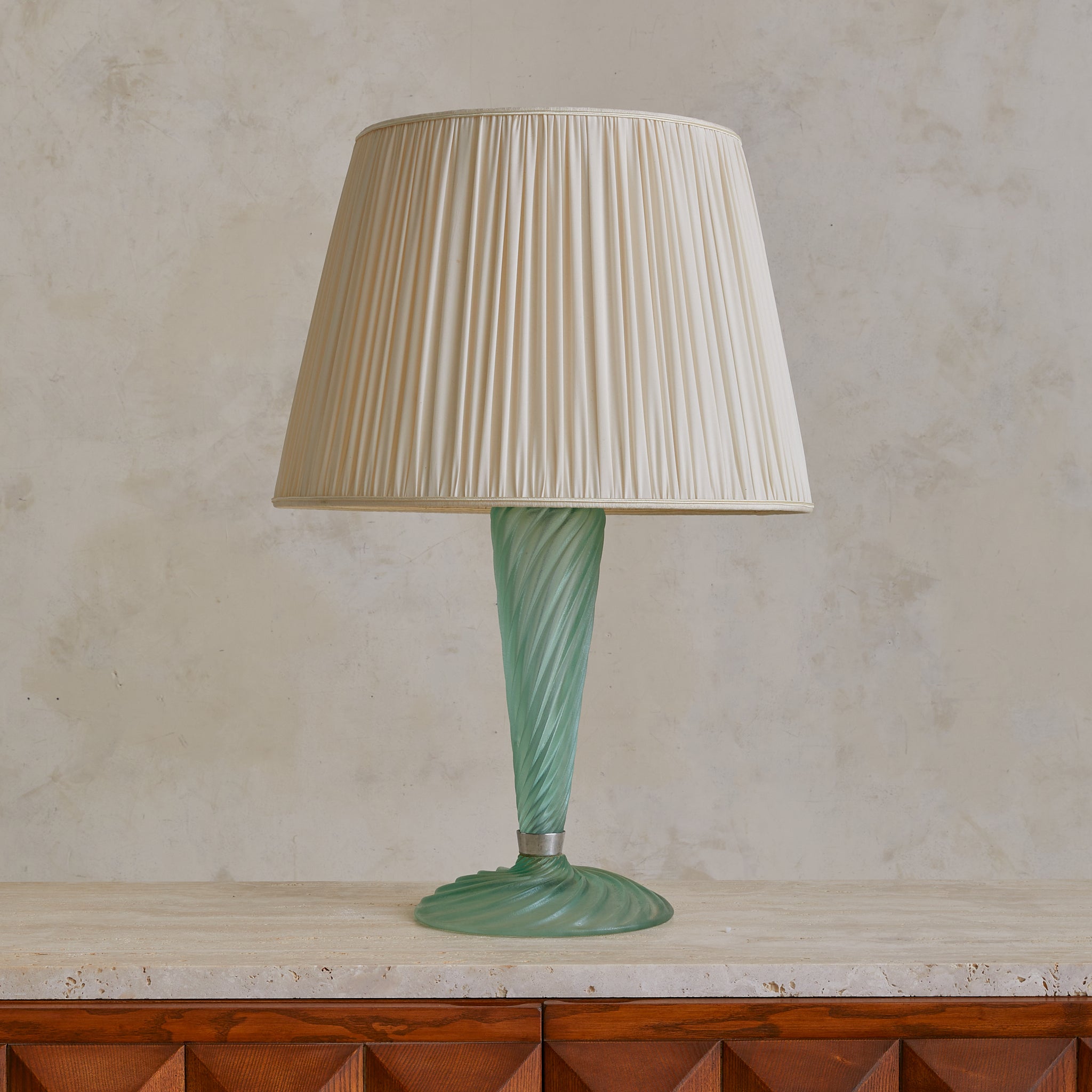 Italian Green Murano Glass Table Lamp with Pleated Shade, 1950s
