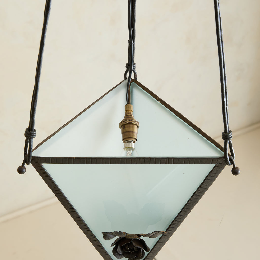 French Iron Triangular Lantern Pendant, 1920s