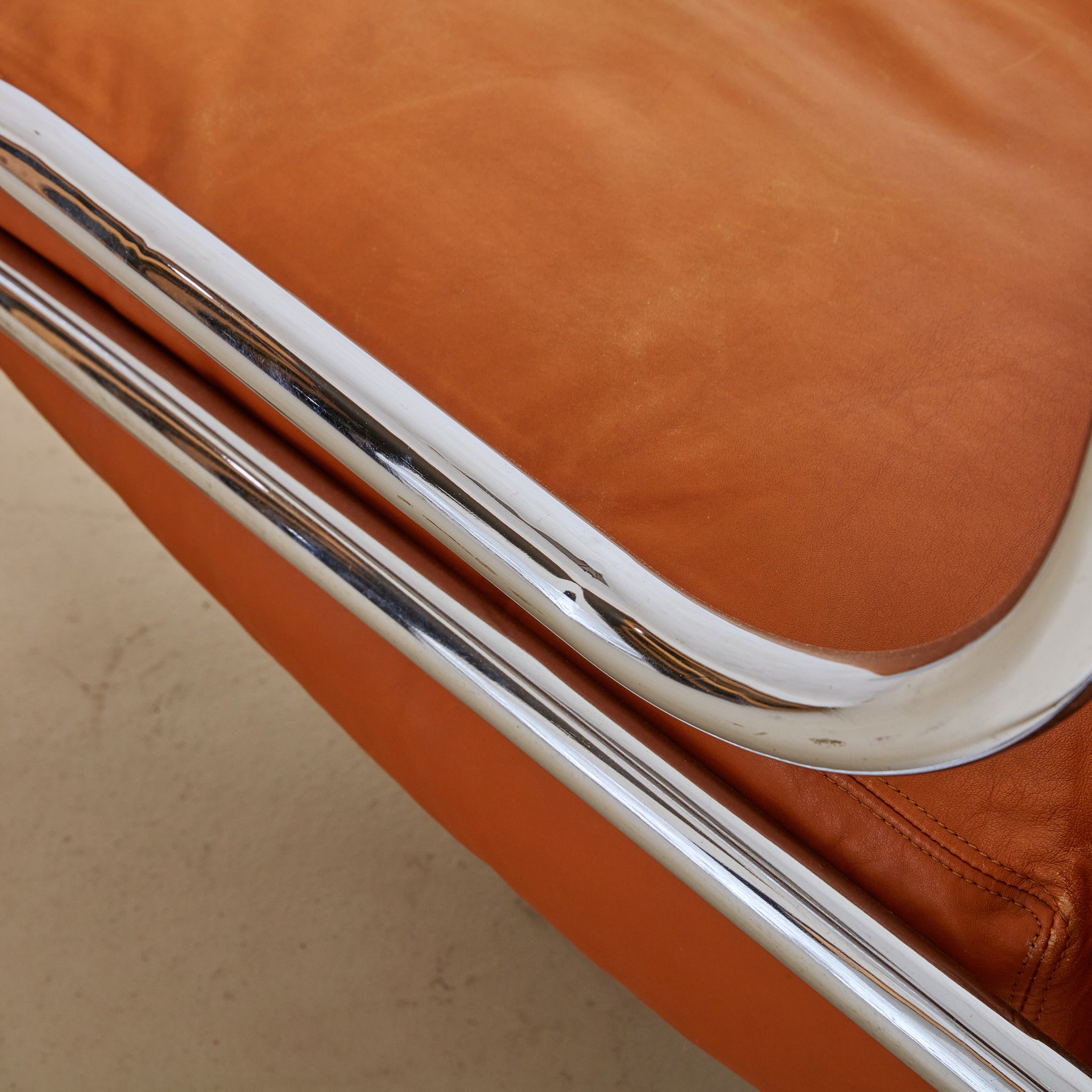 Italian 'Stringa' Cognac Leather + Chrome Loveseat by Gae Aulenti for