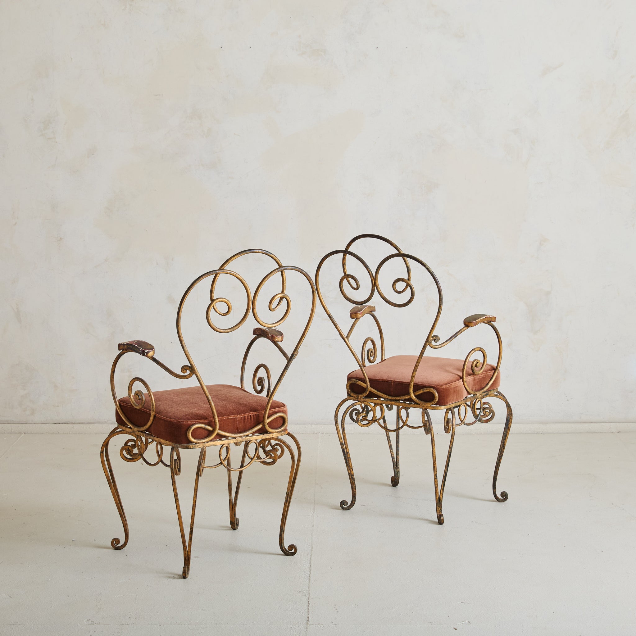 French René Gabriel Style Wrought Iron Accent Chair in Rust Velvet, 19