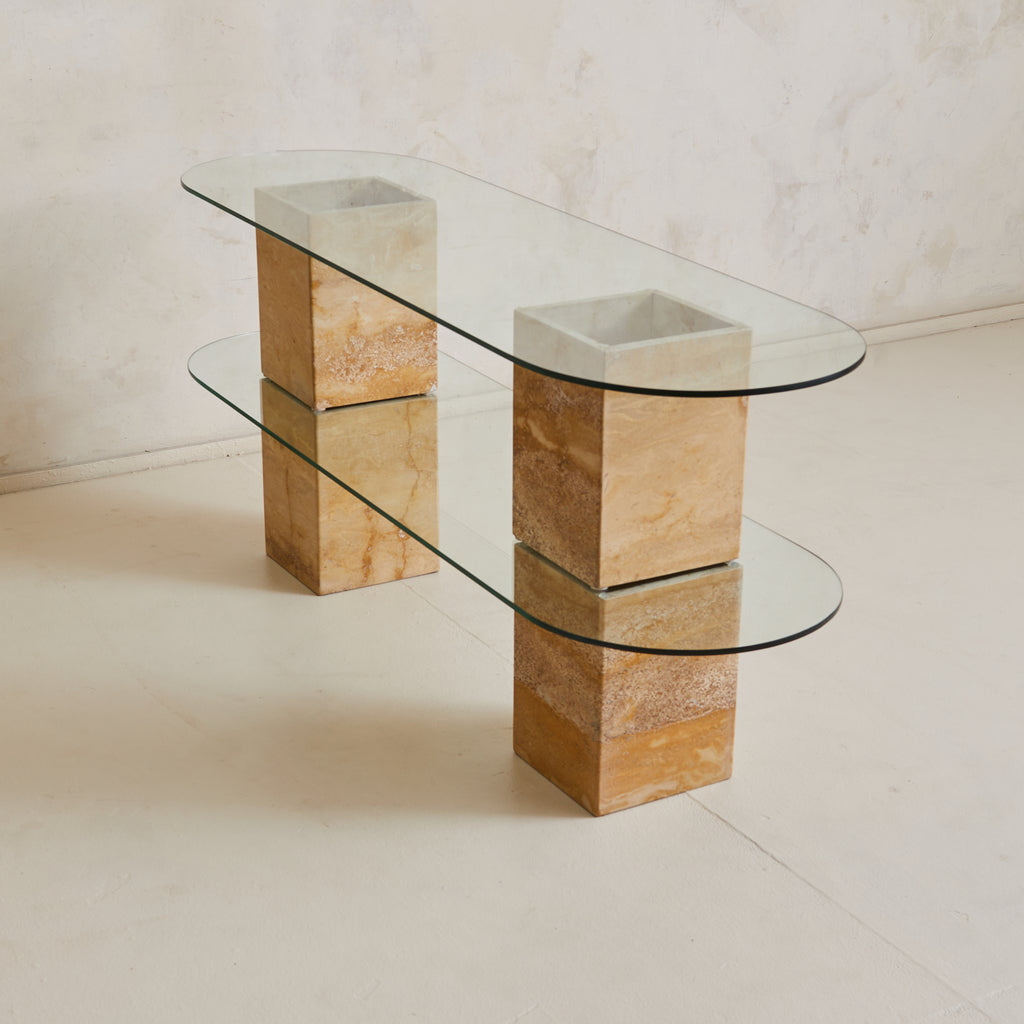 Italian Two-Tier Pill Shaped Glass + Travertine Console, 1970s
