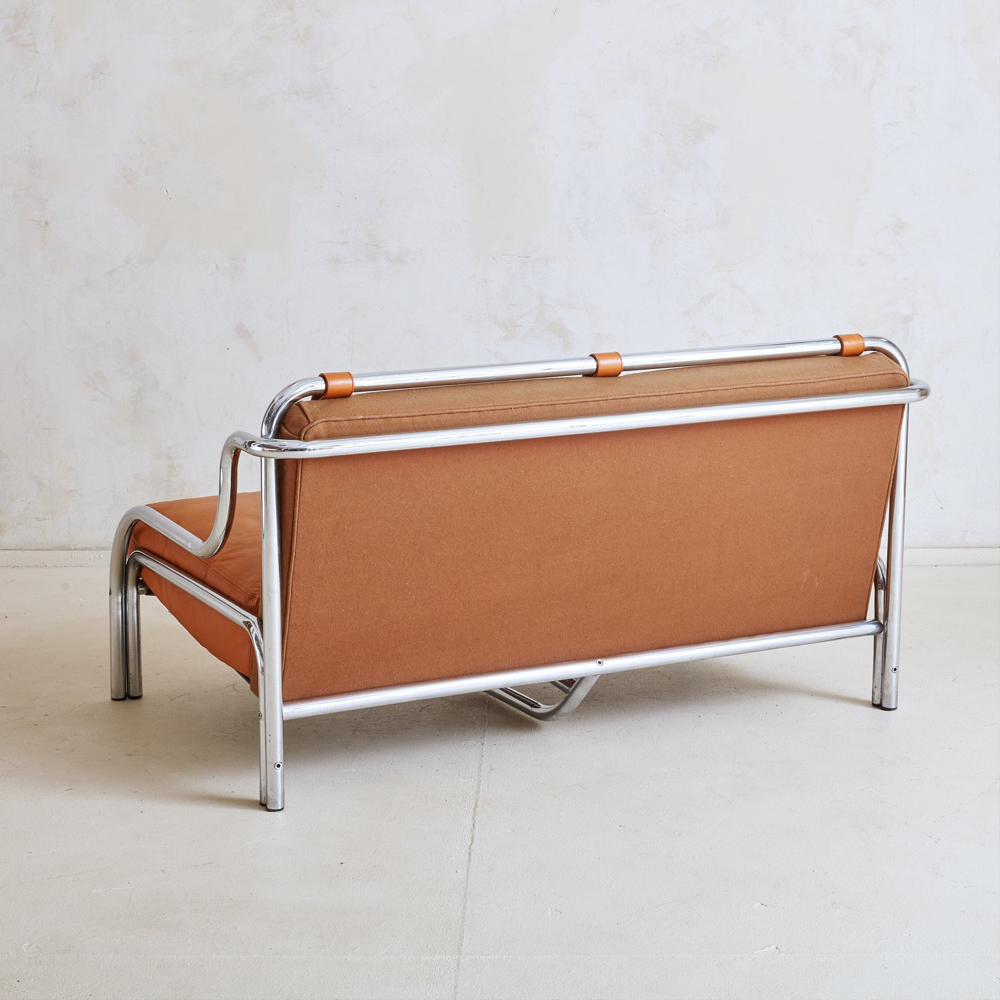 Italian 'Stringa' Cognac Leather + Chrome Loveseat by Gae Aulenti for