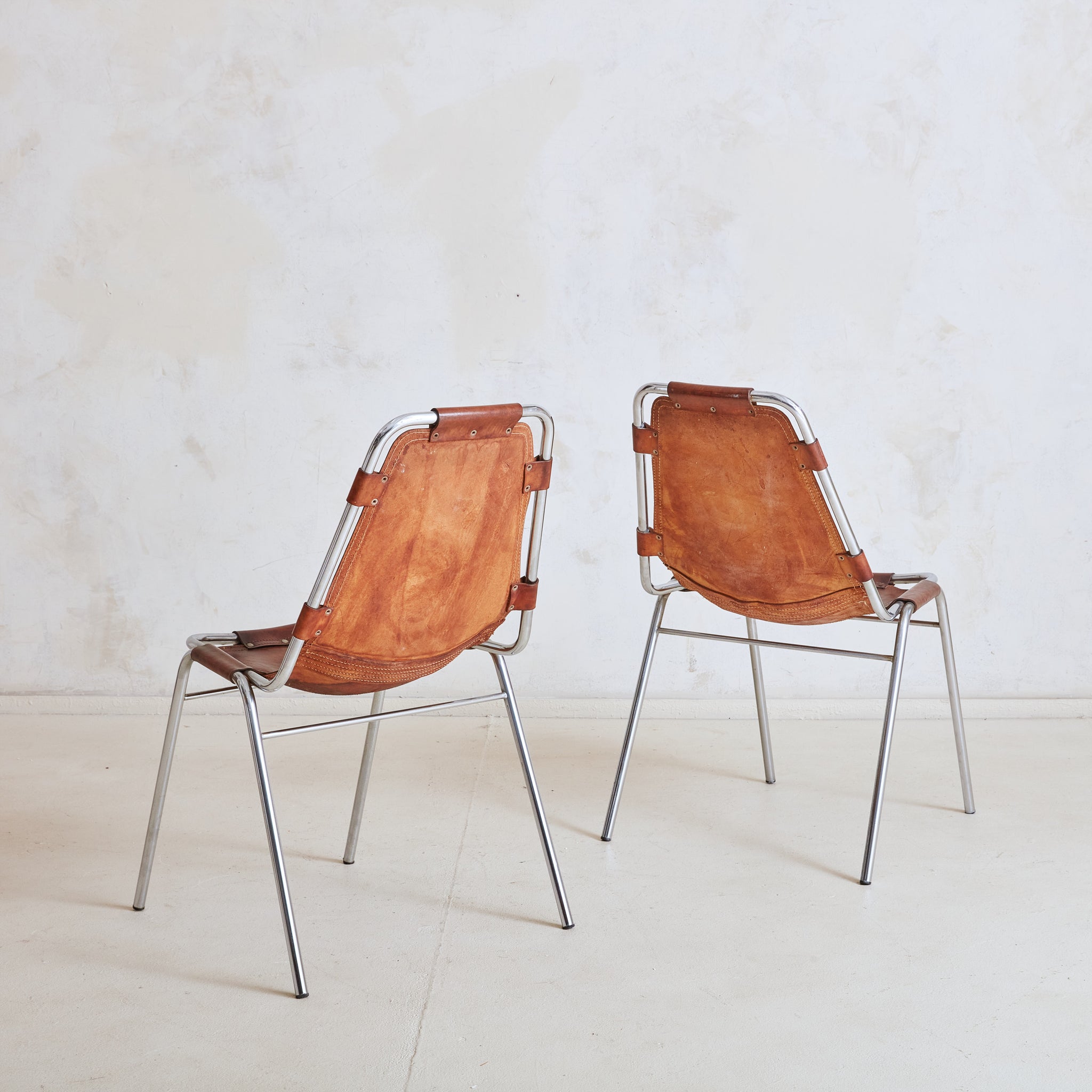 French Cognac Leather Les Arcs Chair Attributed to Charlotte Perriand,