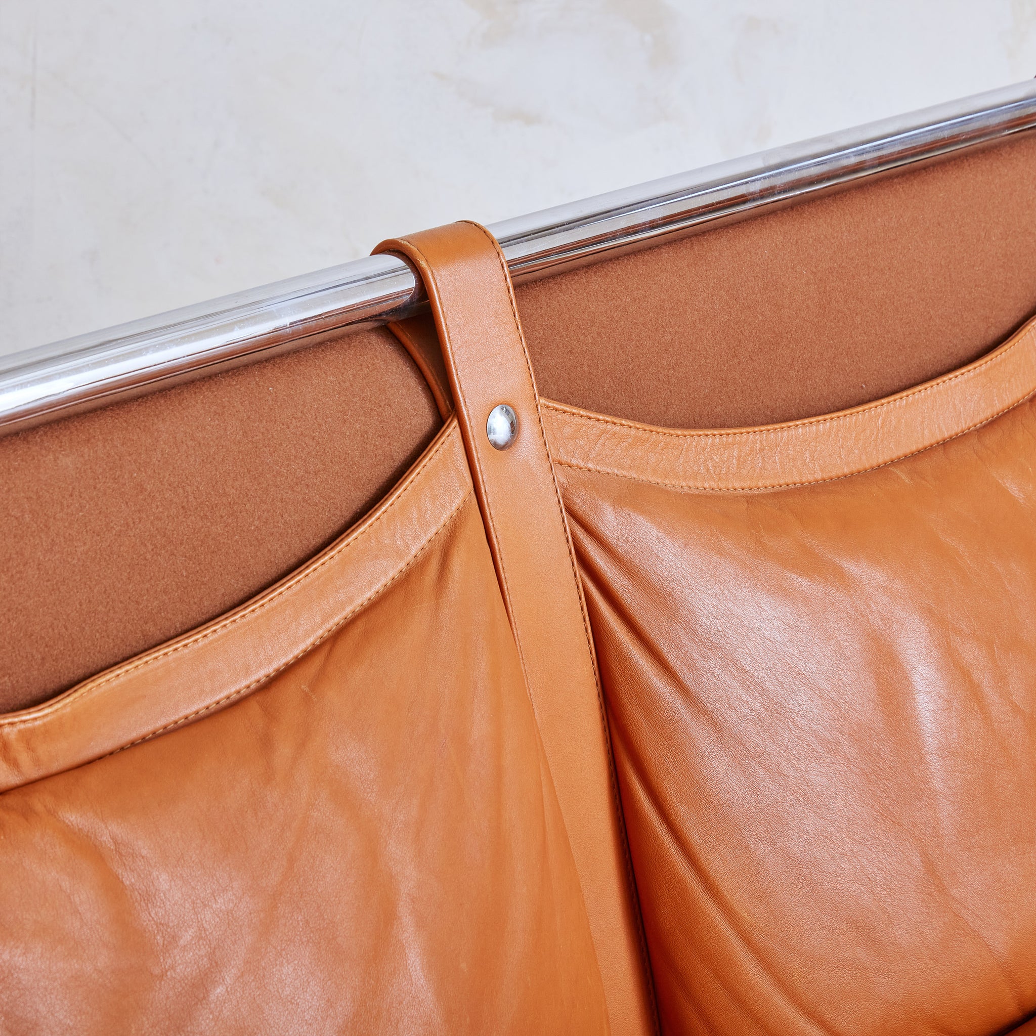 Italian 'Stringa' Cognac Leather + Chrome Loveseat by Gae Aulenti for