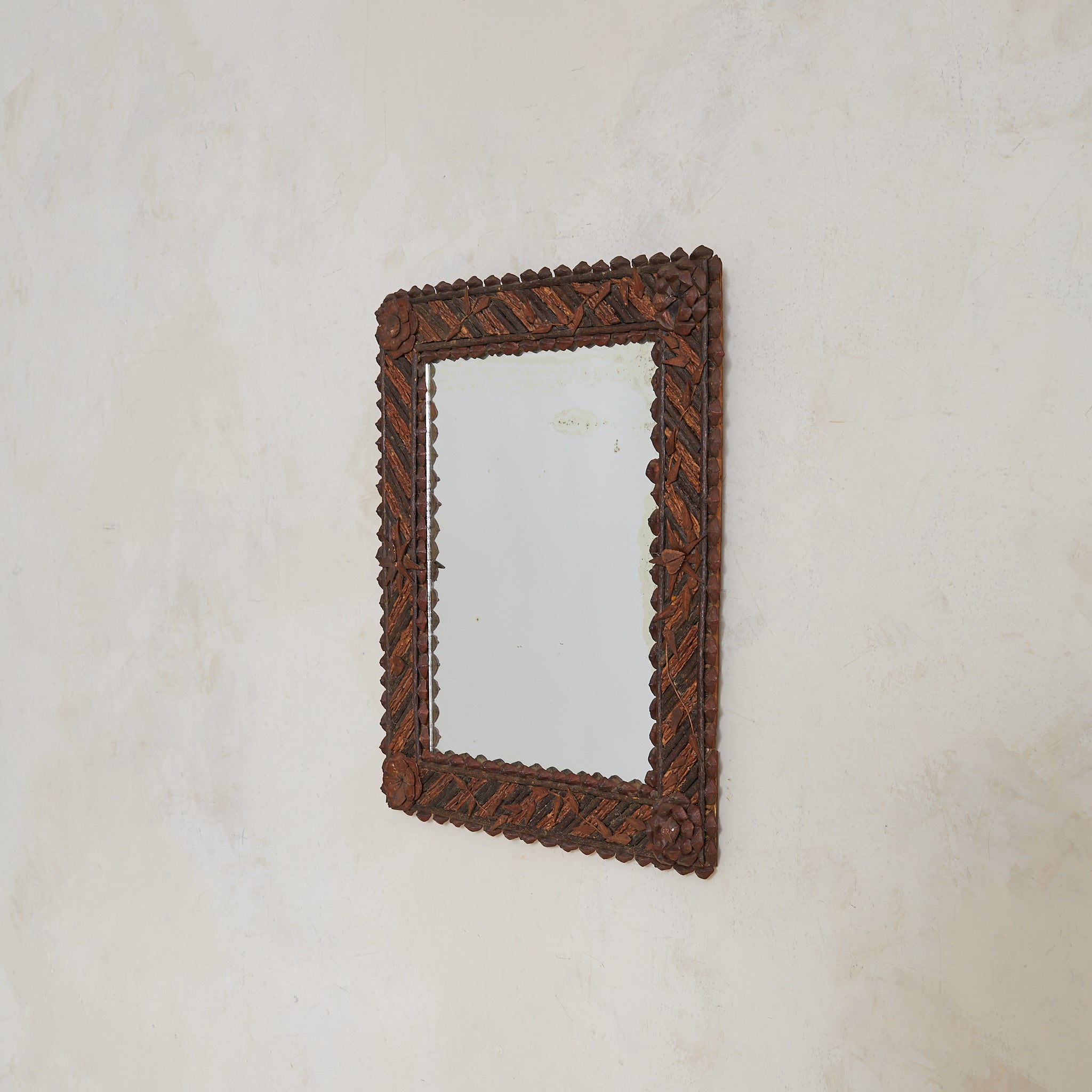 French Tramp Art Carved Wood Wall Mirror, 1920s