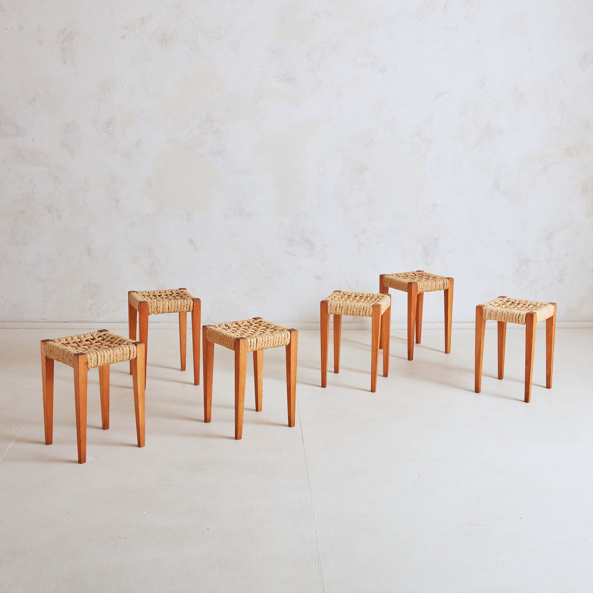 Wood + Woven Rope Low Stool, France 1960s